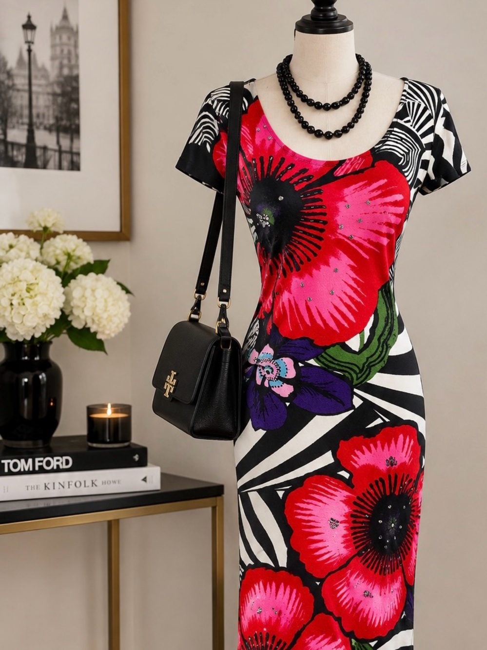 Desigual Red Pink & Black Floral Ruched Midi Dress